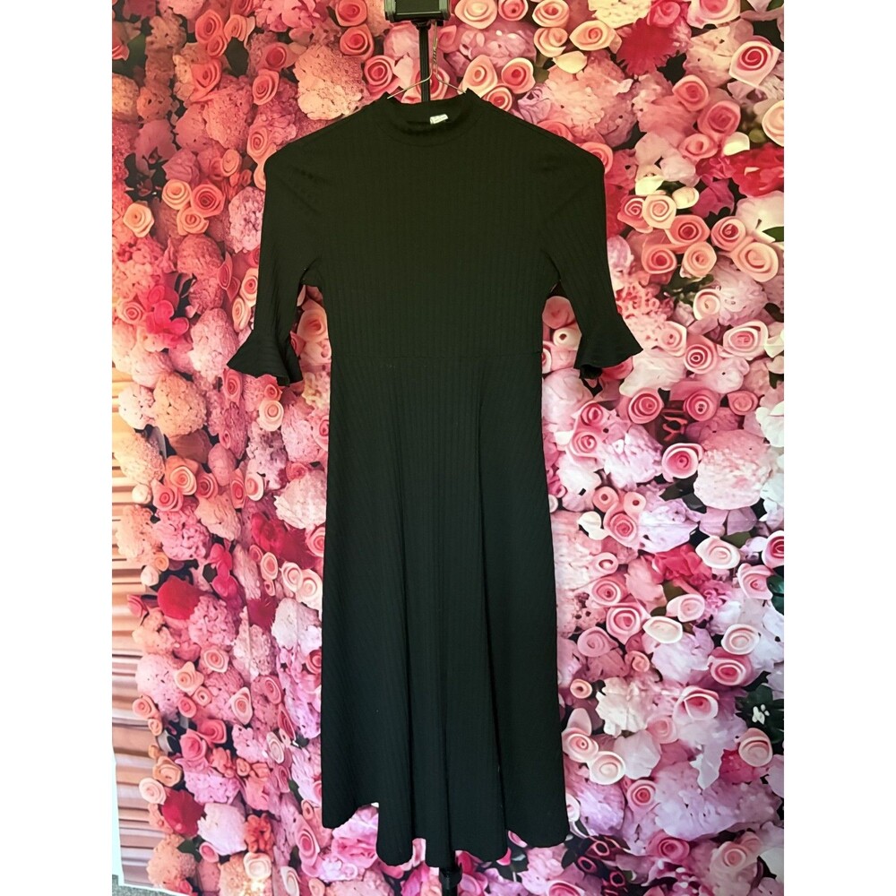 Black Ribbed Midi Dress XS Mock Neck Short Sleeve Fit & Flare Minimalist Dress